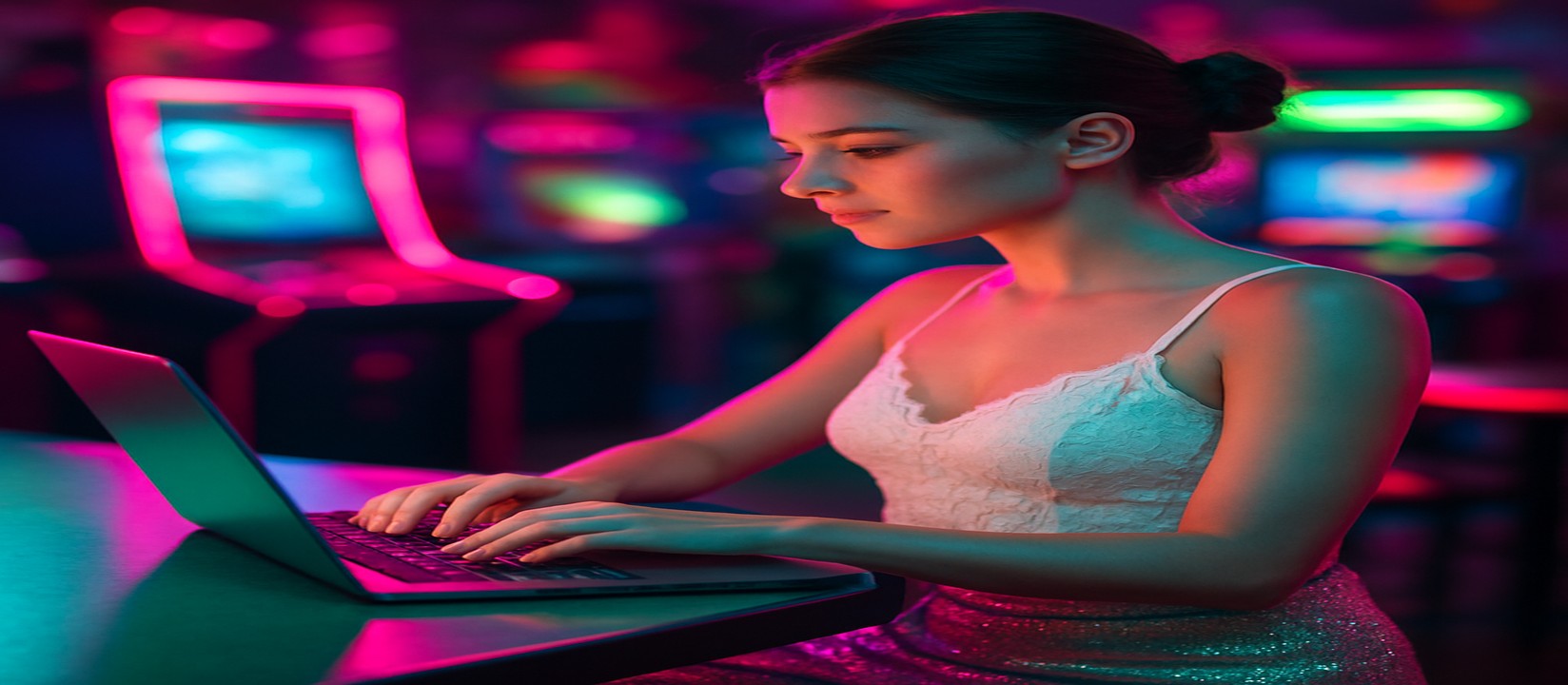 নিয়ন আলোয় জ্বলজ্বল করা পরিবেশে একজন নারী ল্যাপটপে এভিয়েটর গেম খেলছেন