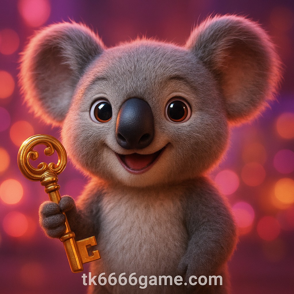 tk6666 ব্র্যান্ডিং সহ উজ্জ্বল গেমিং ব্যাকগ্রাউন্ডে সোনালি চাবি হাতে খুশি চরিত্র