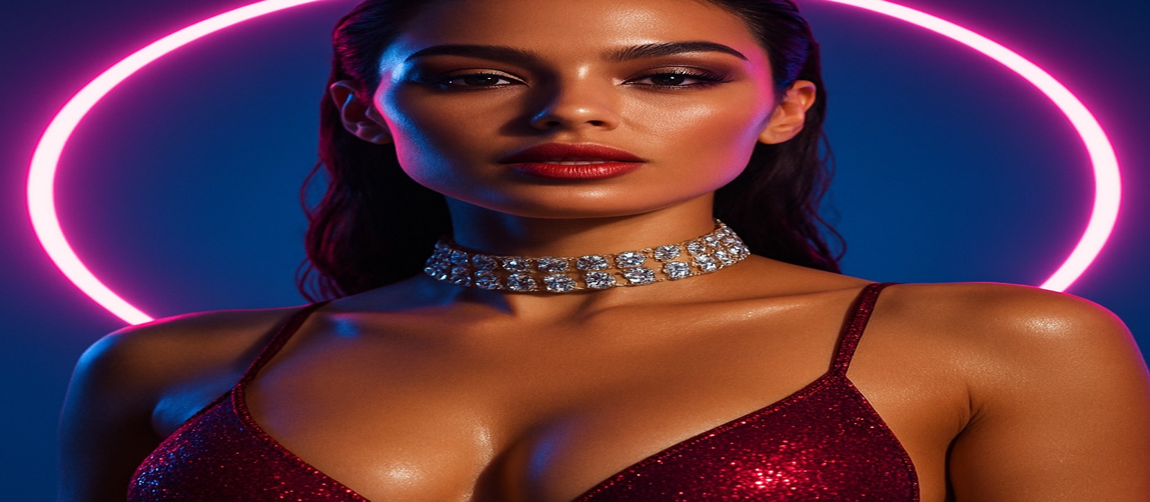 ঝলমলে বেগুনি পোশাক পরা এক নারী, tk6666 গেমিং প্ল্যাটফর্মের আলোয় জ্বলন্ত চিপসহ