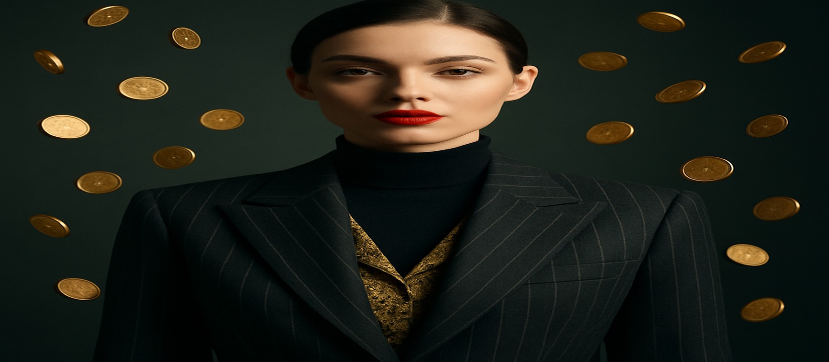 কালো ডোরাকাটা পোশাকে এক নারী, tk6666 সোনালি আলোতে উদ্ভাসিত; চারদিকে ভাসমান সোনার কয়েন