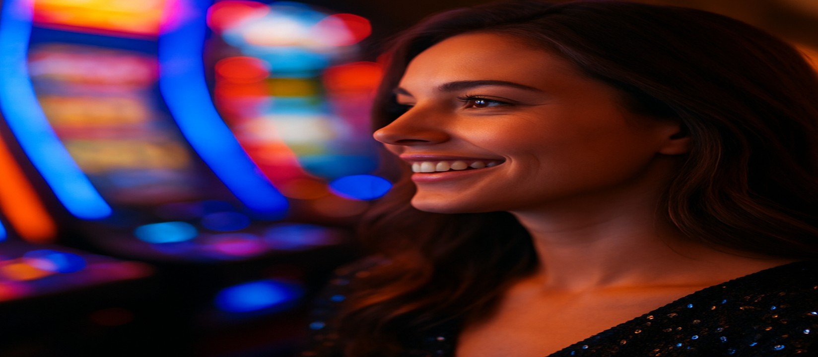 রঙিন আলোয় আর্কেড গেম খেলছেন হাস্যোজ্জ্বল নারী